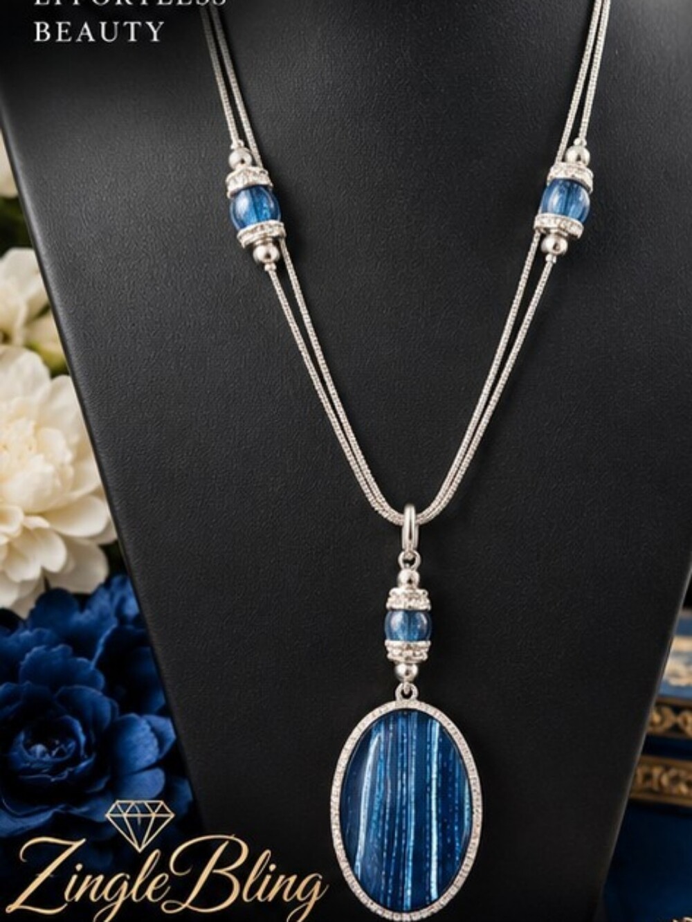 Chico's Blue Glass Rhinestone Statement Pendant Necklace Long Signed